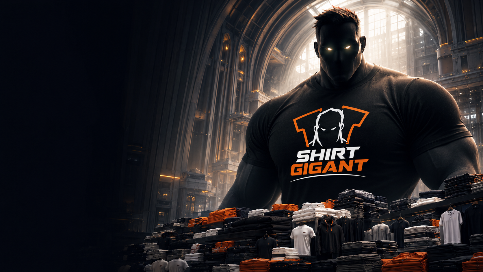 Der Shirtgigant vor einem Sortiment dunkler und heller Textilien